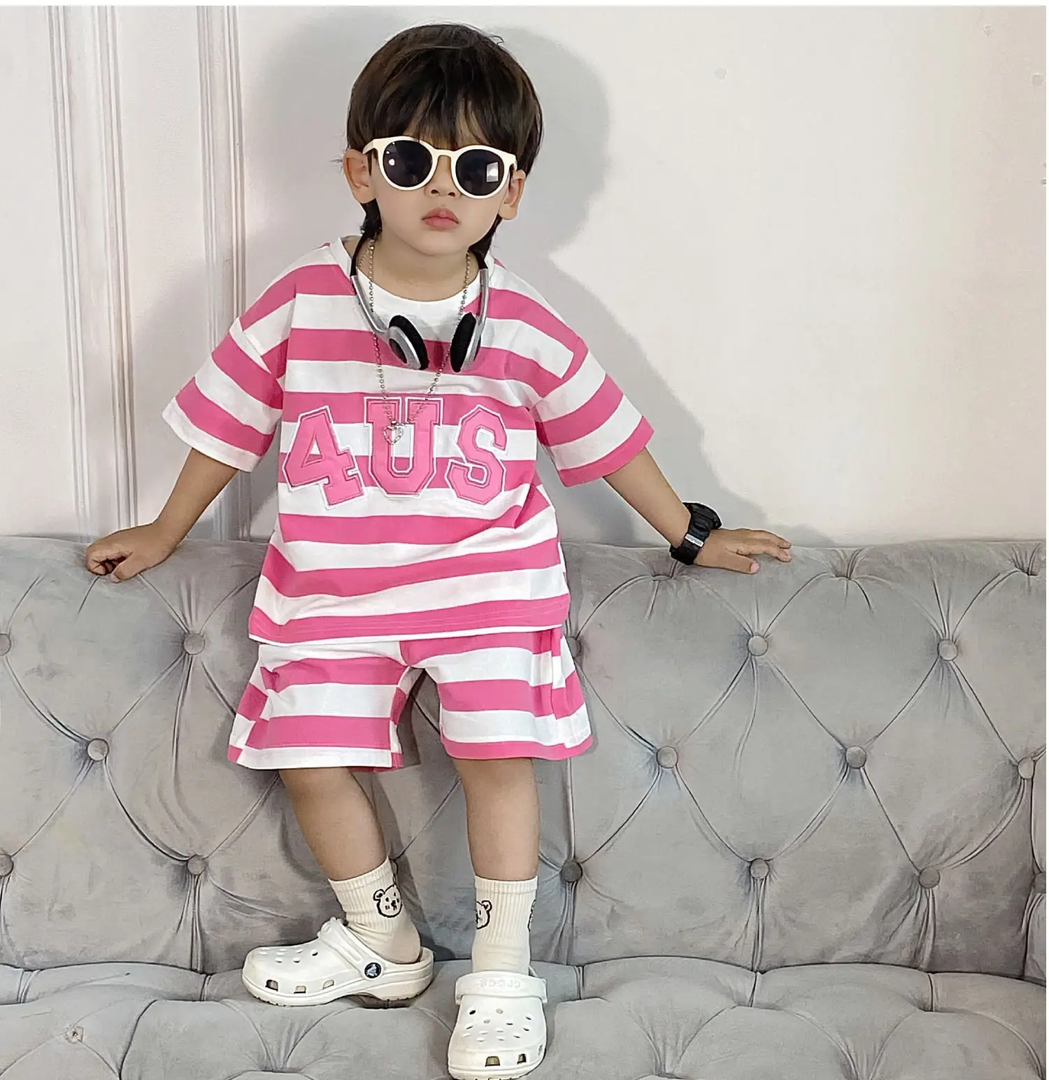 Boys Korean Striped Summer Suit Pink 4US — feature 18