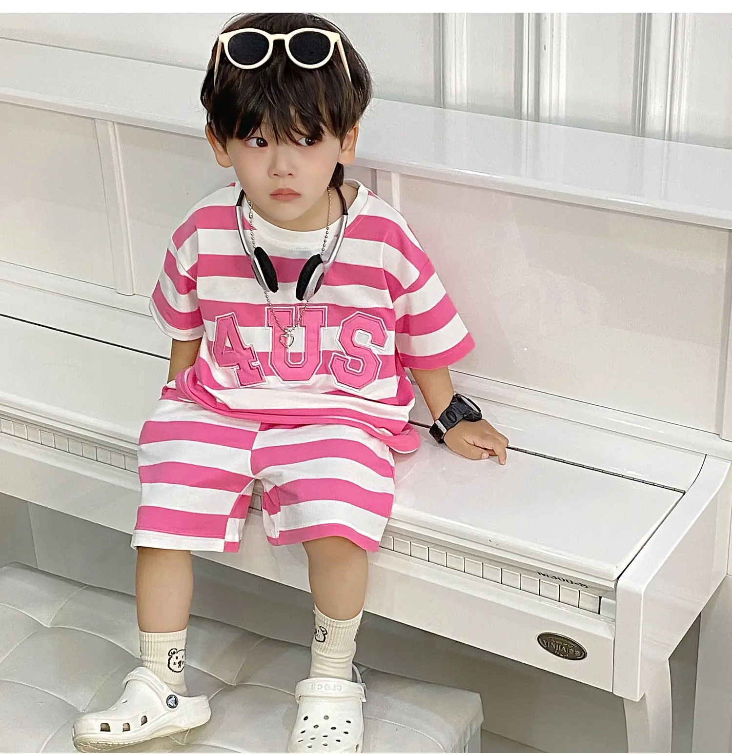 Boys Korean Striped Summer Suit Pink 4US — feature 19
