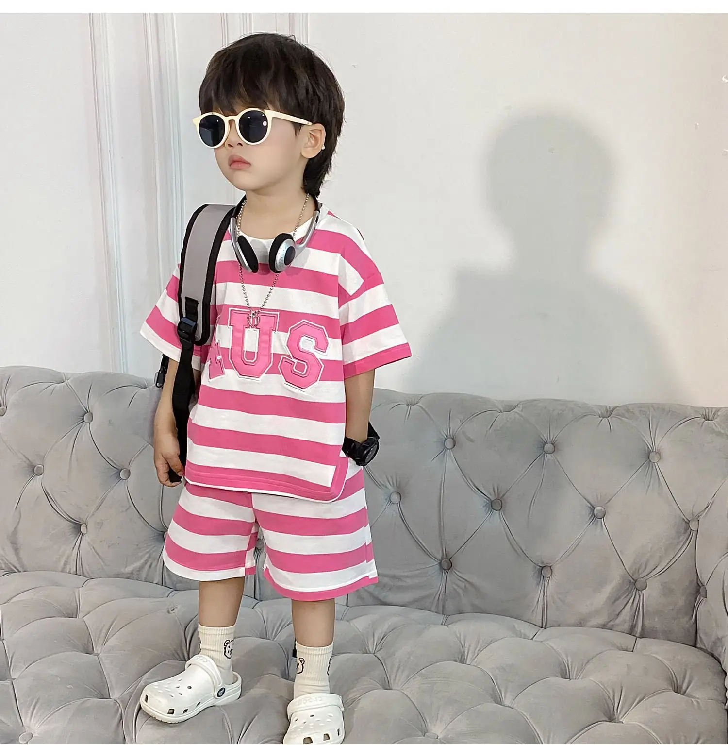 Boys Korean Striped Summer Suit Pink 4US — feature 20