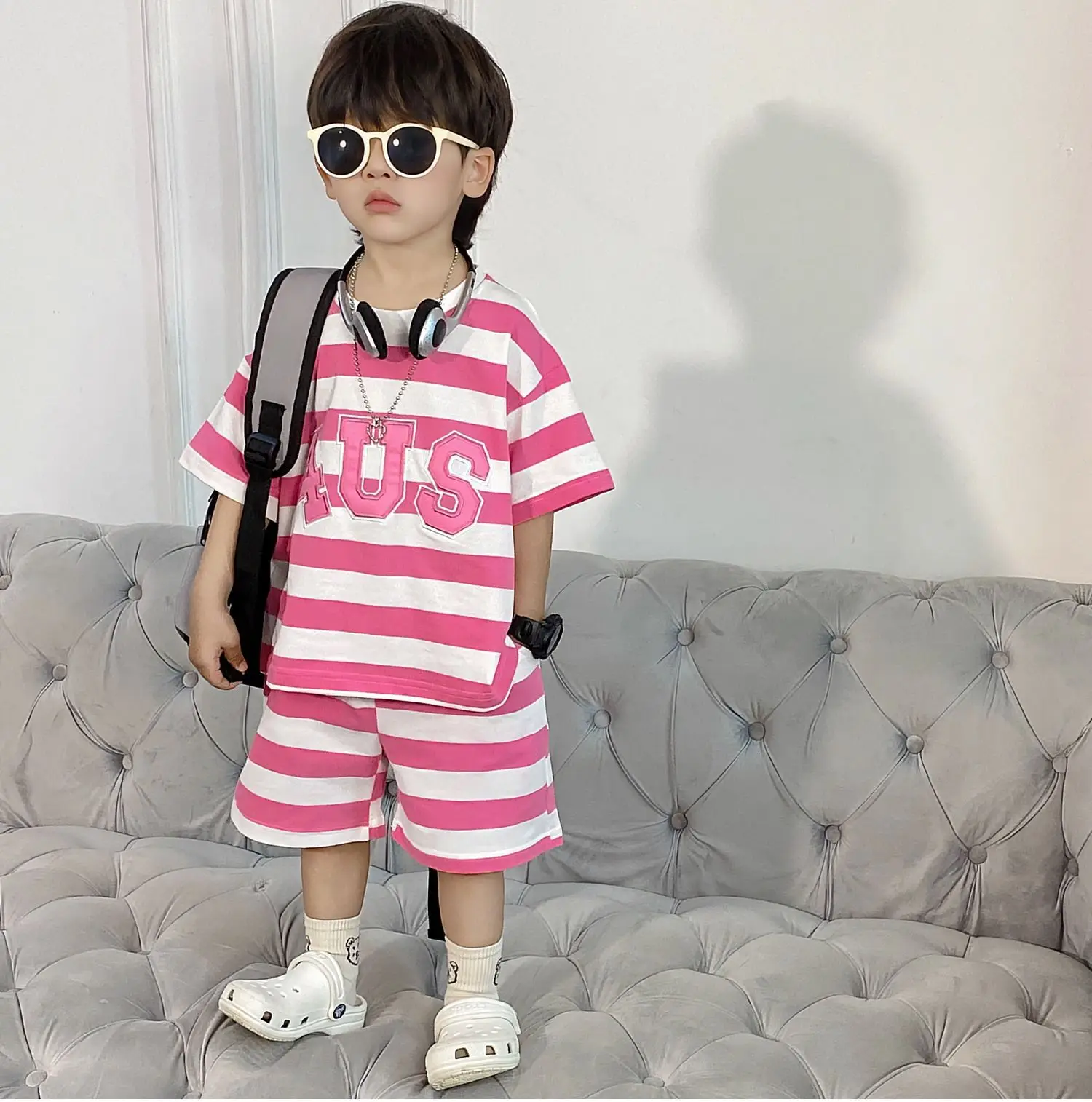 Boys Korean Striped Summer Suit Pink 4US — feature 3