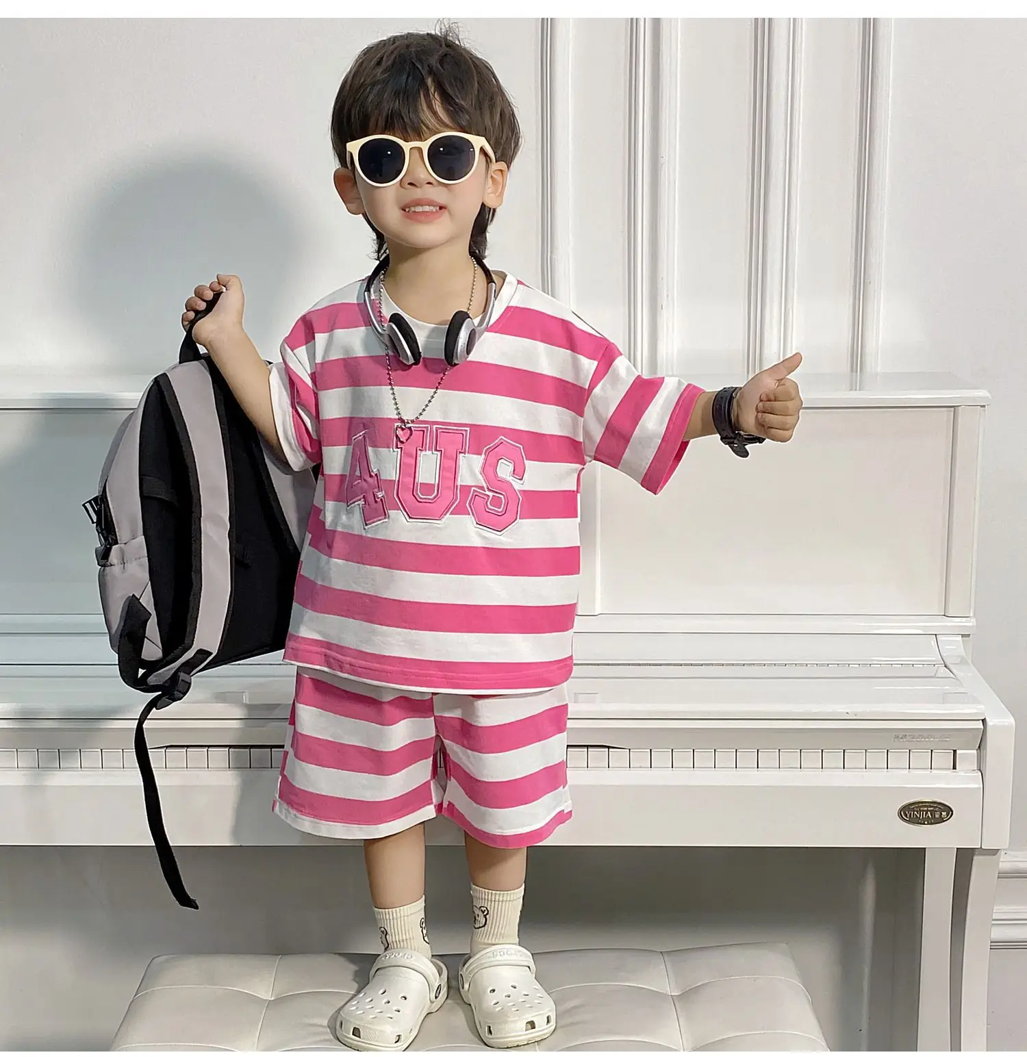 Boys Korean Striped Summer Suit Pink 4US — feature 4