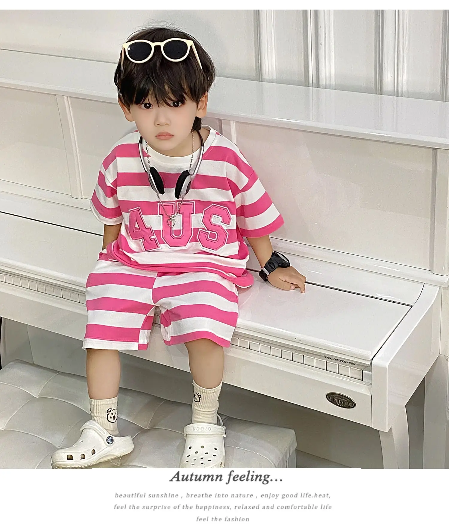 Boys Korean Striped Summer Suit Pink 4US — feature 5