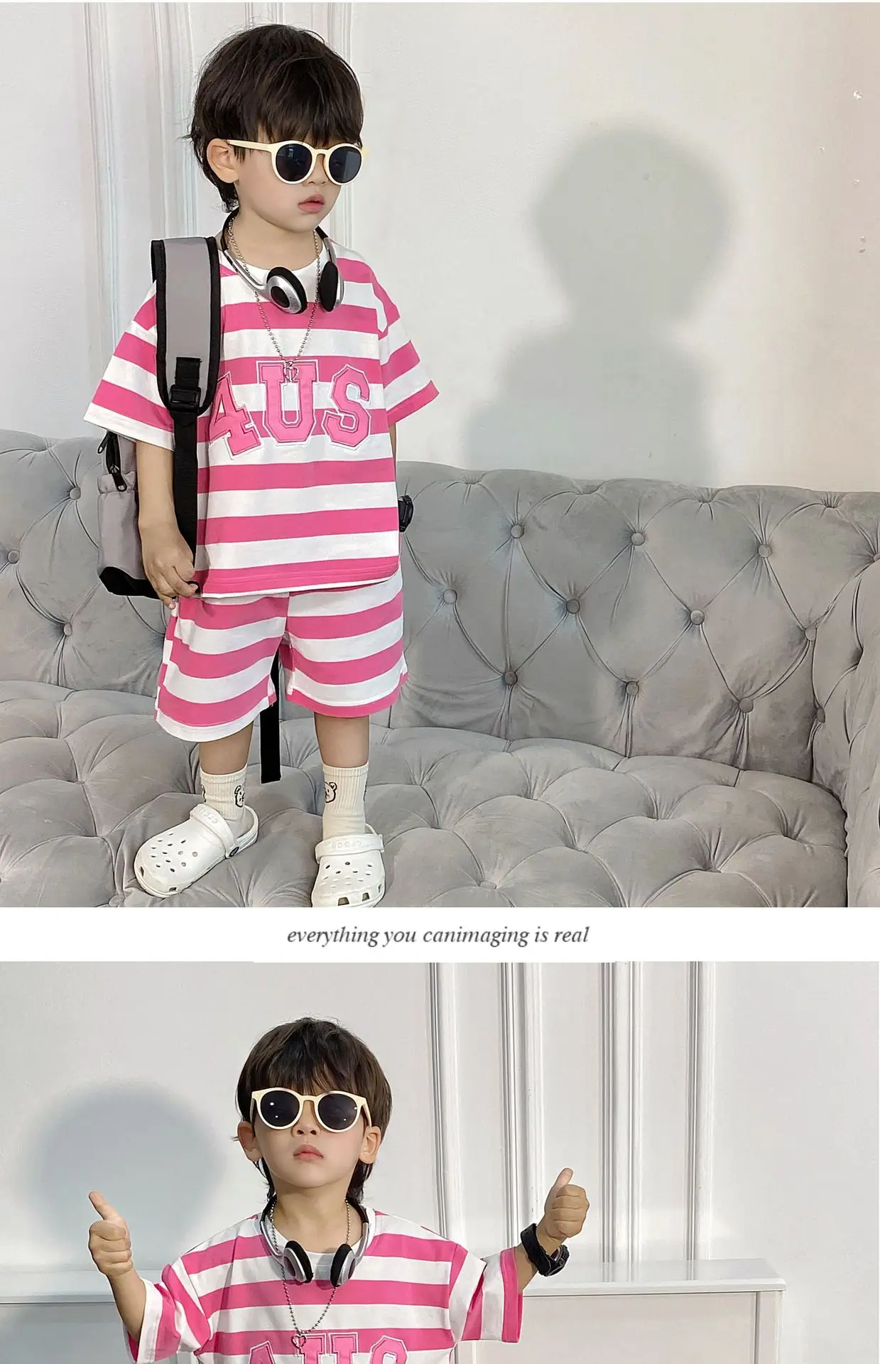 Boys Korean Striped Summer Suit Pink 4US — feature 6