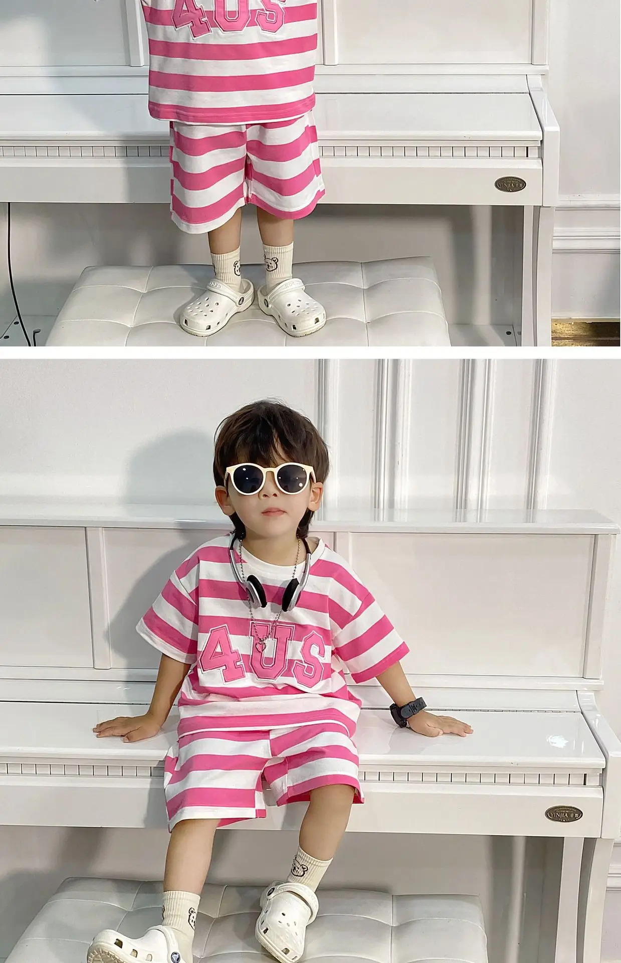 Boys Korean Striped Summer Suit Pink 4US — feature 7
