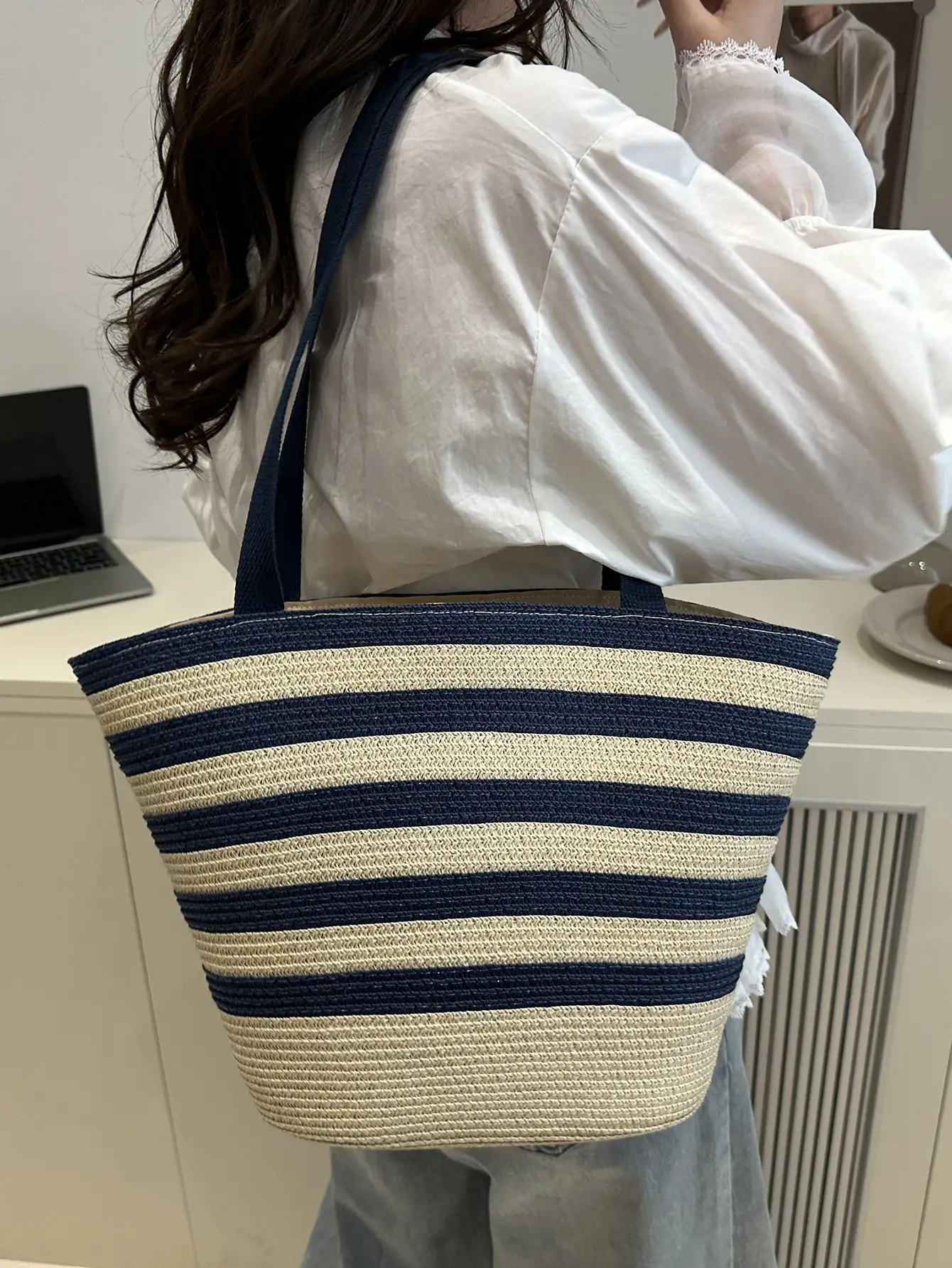 Straw Beach Bag Yellow Stripes Large Capacity - Image 7