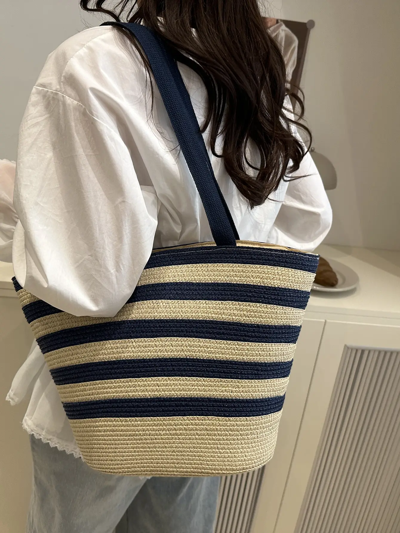 Straw Beach Bag Yellow Stripes Large Capacity - Image 8