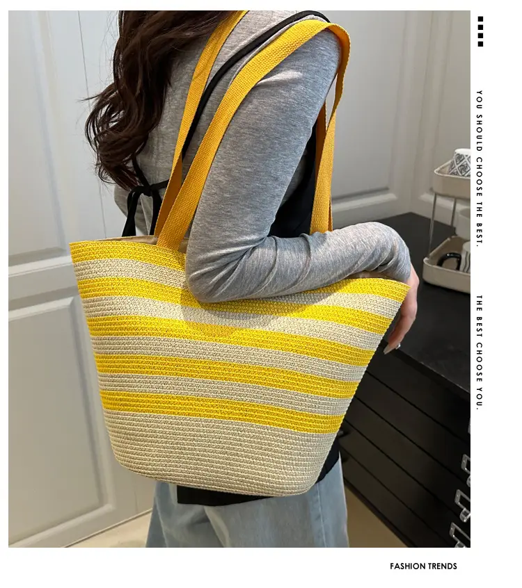 Straw Beach Bag Yellow Stripes Large Capacity — feature 1