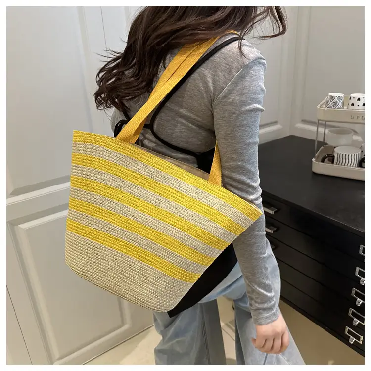 Straw Beach Bag Yellow Stripes Large Capacity — feature 10