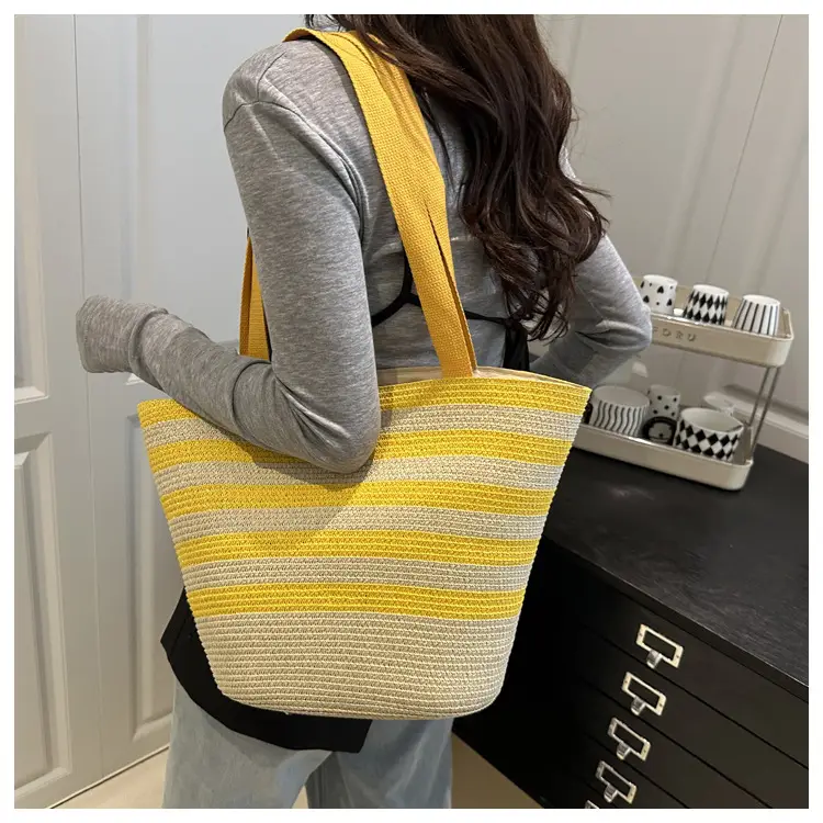 Straw Beach Bag Yellow Stripes Large Capacity — feature 11