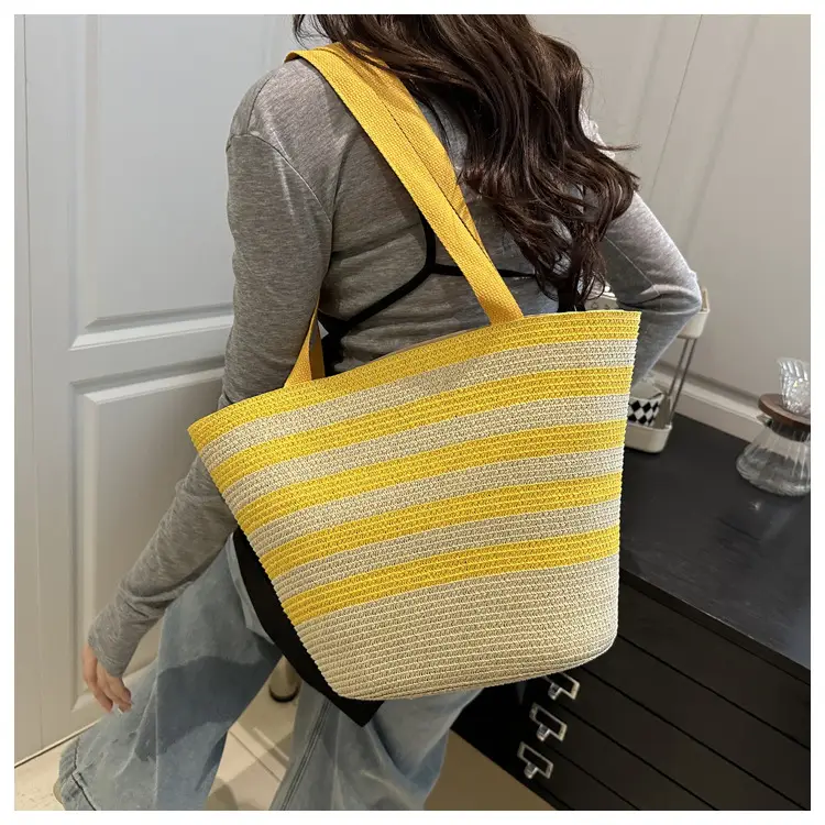 Straw Beach Bag Yellow Stripes Large Capacity — feature 12