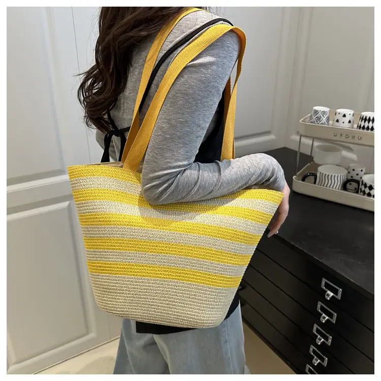 Straw Beach Bag Yellow Stripes Large Capacity — feature 13