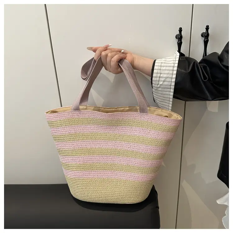 Straw Beach Bag Yellow Stripes Large Capacity — feature 14
