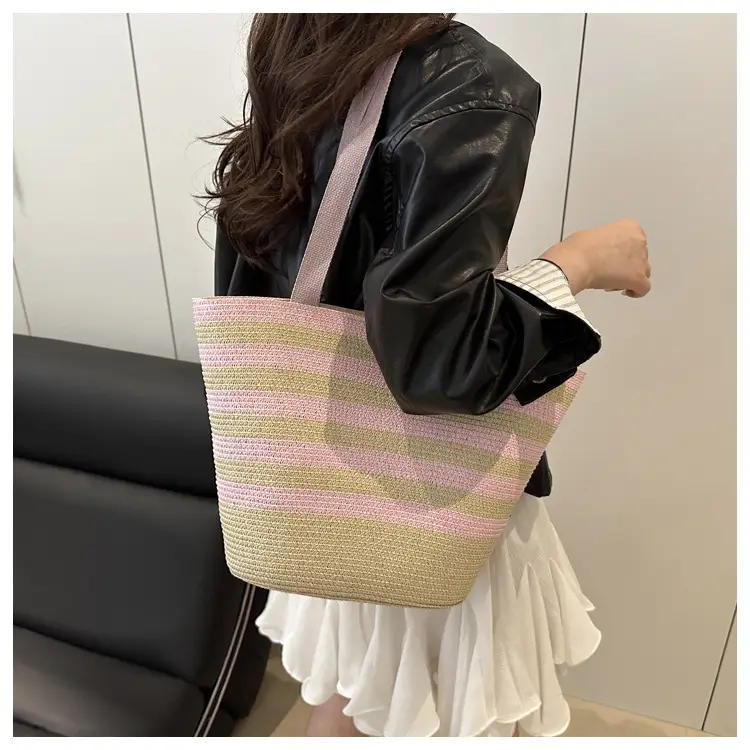 Straw Beach Bag Yellow Stripes Large Capacity — feature 15