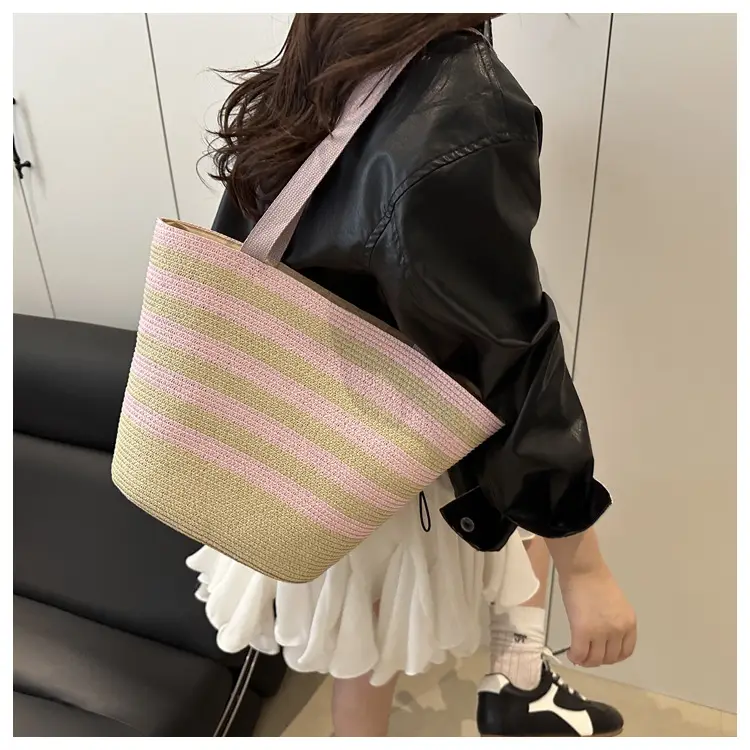 Straw Beach Bag Yellow Stripes Large Capacity — feature 16