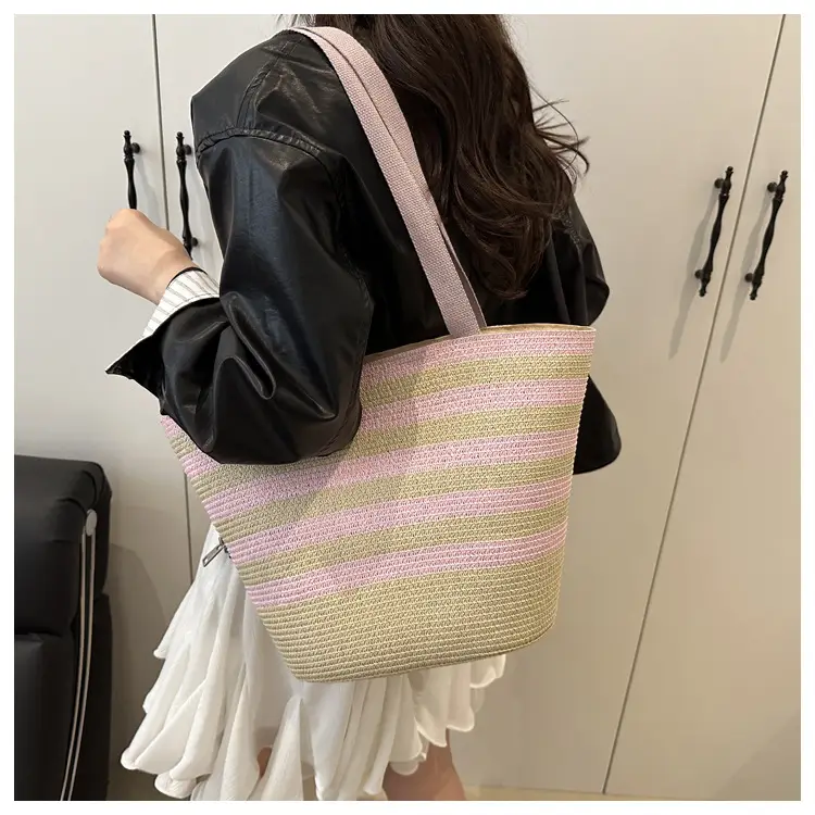 Straw Beach Bag Yellow Stripes Large Capacity — feature 17