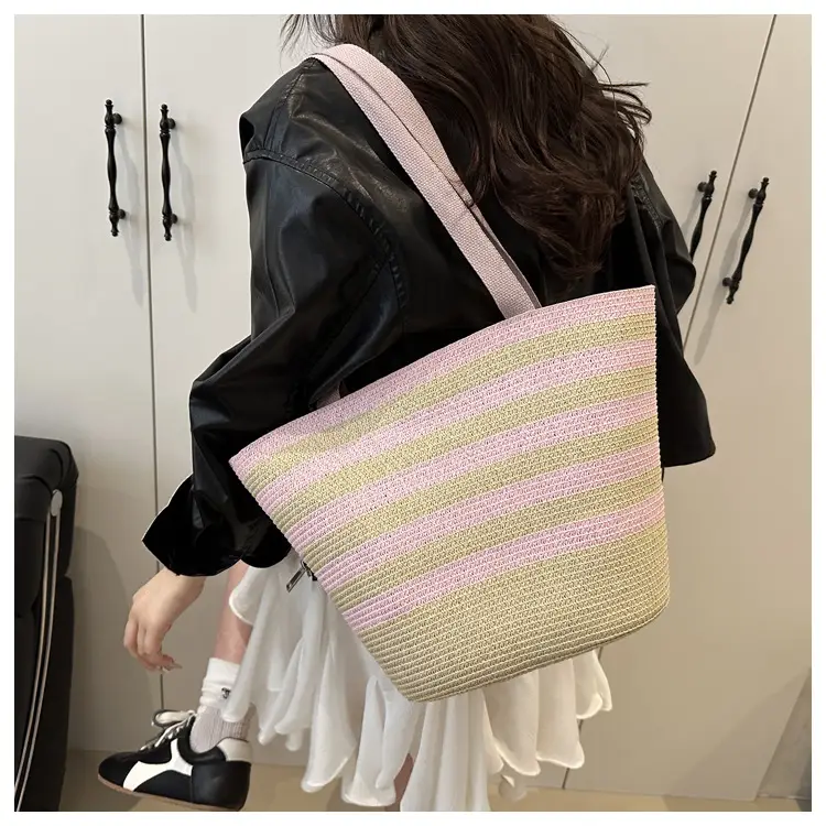 Straw Beach Bag Yellow Stripes Large Capacity — feature 18