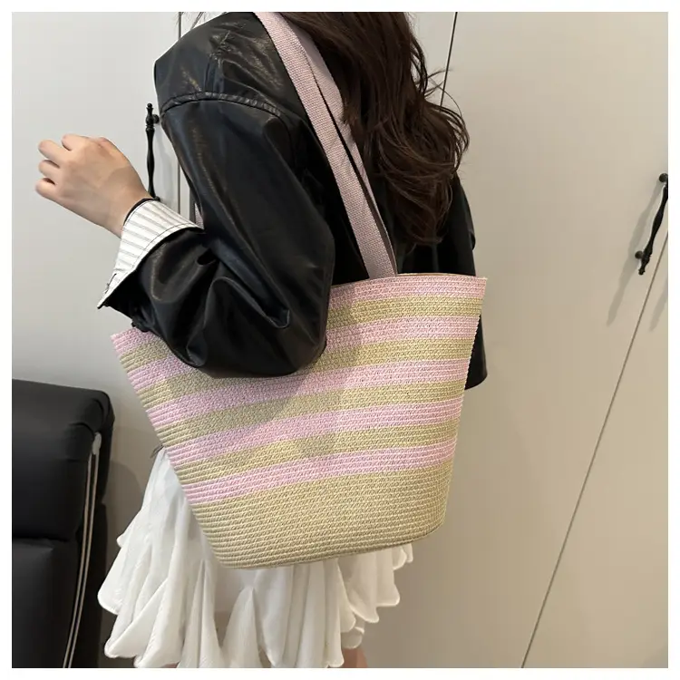 Straw Beach Bag Yellow Stripes Large Capacity — feature 19
