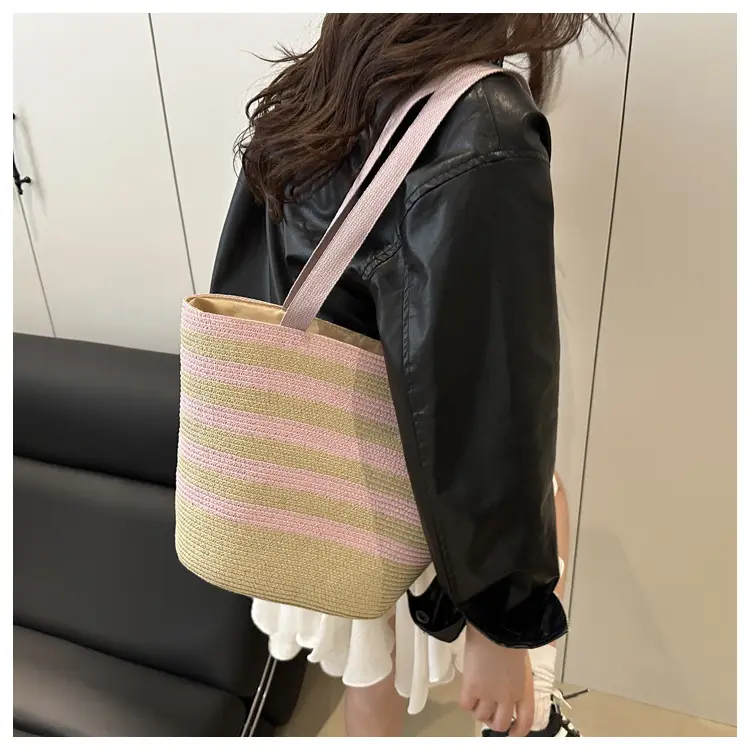 Straw Beach Bag Yellow Stripes Large Capacity — feature 20