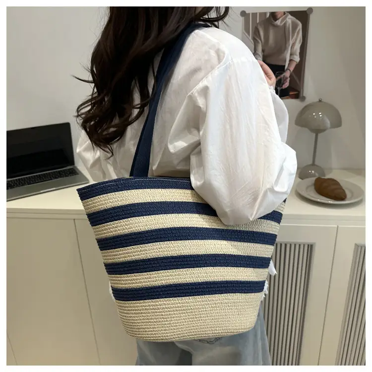 Straw Beach Bag Yellow Stripes Large Capacity — feature 21