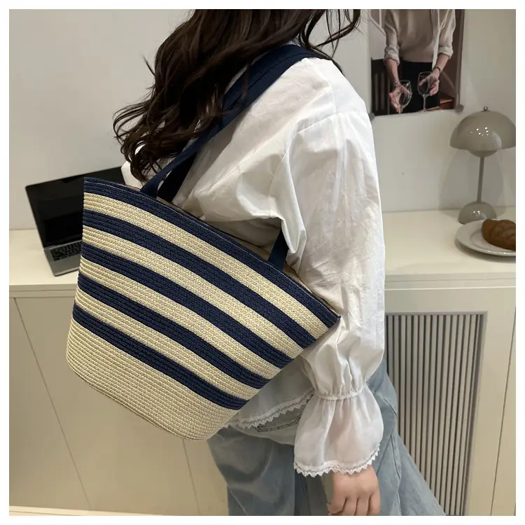 Straw Beach Bag Yellow Stripes Large Capacity — feature 22