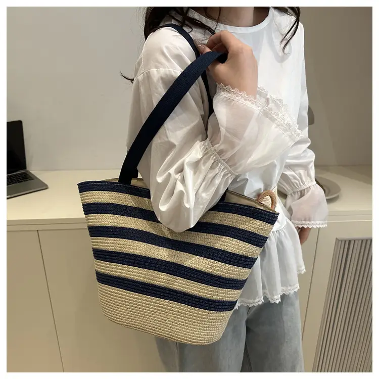 Straw Beach Bag Yellow Stripes Large Capacity — feature 23