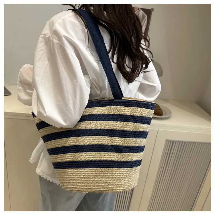 Straw Beach Bag Yellow Stripes Large Capacity — feature 24
