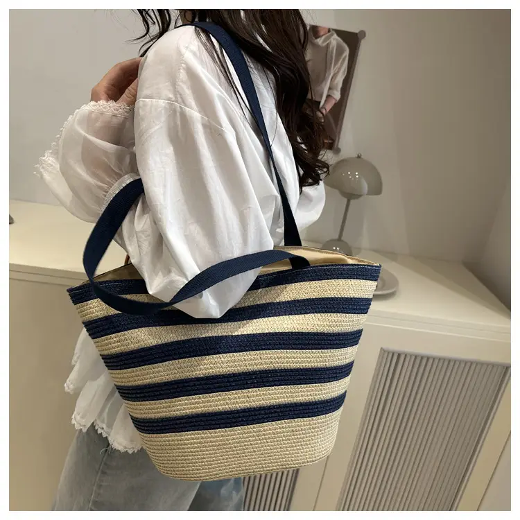 Straw Beach Bag Yellow Stripes Large Capacity — feature 25