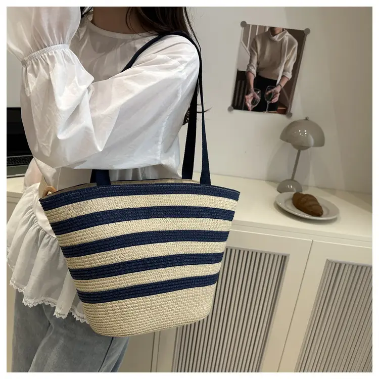 Straw Beach Bag Yellow Stripes Large Capacity — feature 26