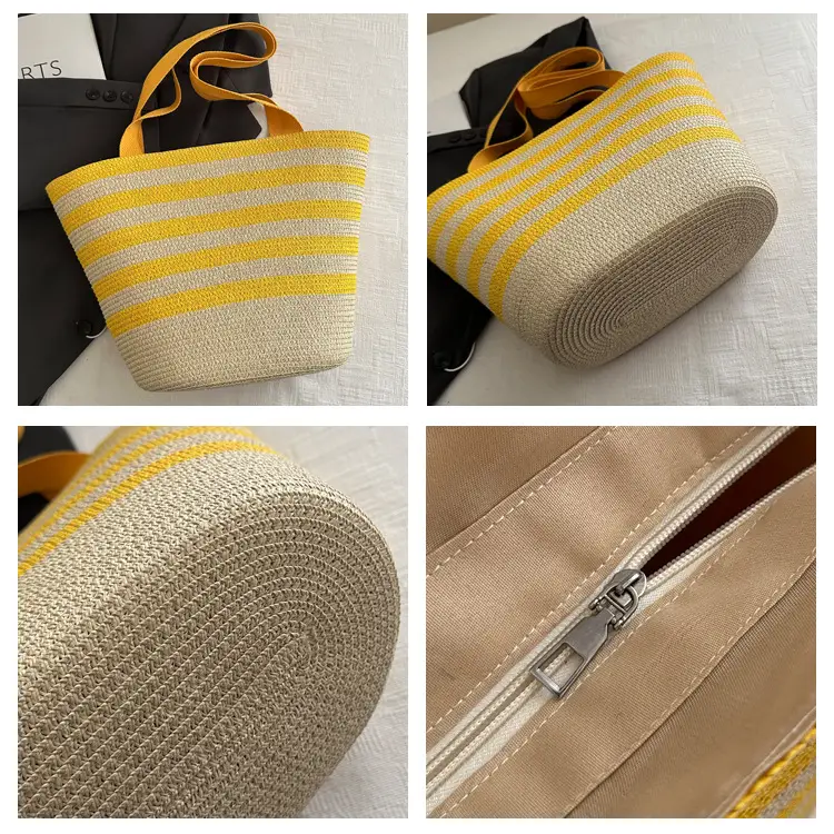 Straw Beach Bag Yellow Stripes Large Capacity — feature 7