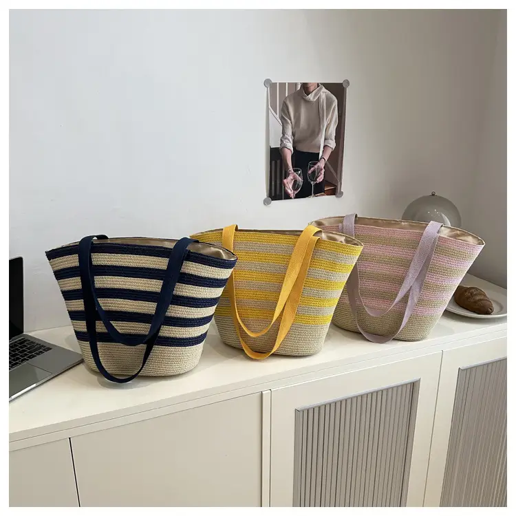 Straw Beach Bag Yellow Stripes Large Capacity — feature 8