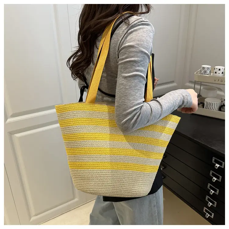 Straw Beach Bag Yellow Stripes Large Capacity — feature 9