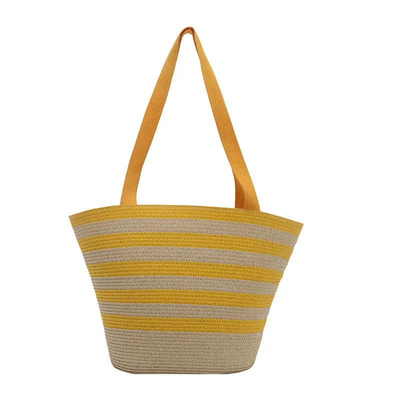 Straw Beach Bag Yellow Stripes Large Capacity - Image 2