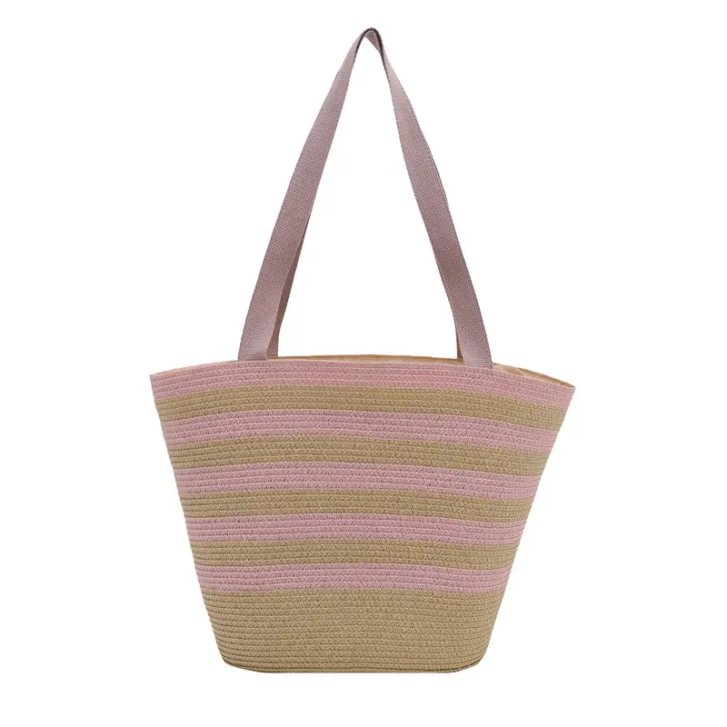 Straw Beach Bag Yellow Stripes Large Capacity - Image 3