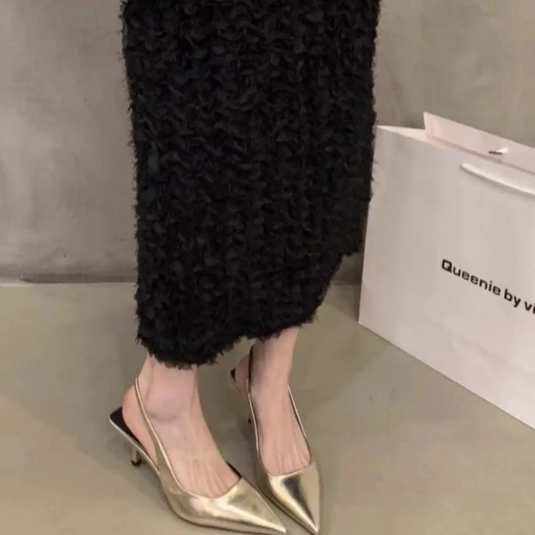 French-Style Silver Pointed-Toe High Heels for Women, 2026 Spring New Model, Fairy-Like Elegance, Open-Back Single Shoes, Simple Closed-Toe Sandals - Image 3