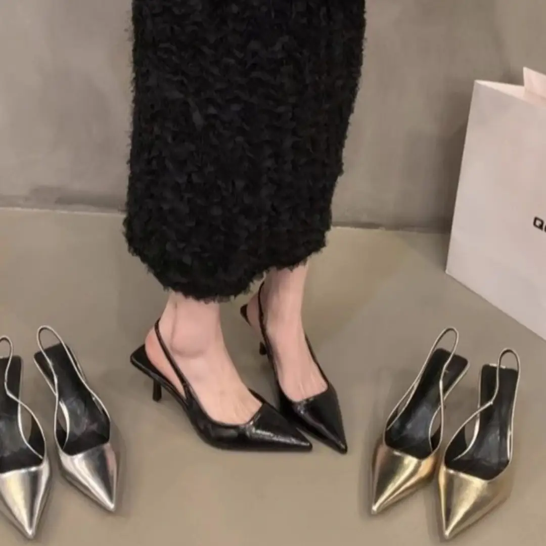 French-Style Silver Pointed-Toe High Heels for Women, 2026 Spring New Model, Fairy-Like Elegance, Open-Back Single Shoes, Simple Closed-Toe Sandals - Image 5