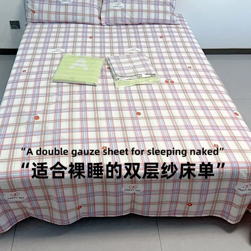 Class a Fresh Pure Cotton Bed Sheet Dormitory Solid Color Washed Cotton Double-Layer Gauze Thickened Sleeping Pad Single Pillowcase