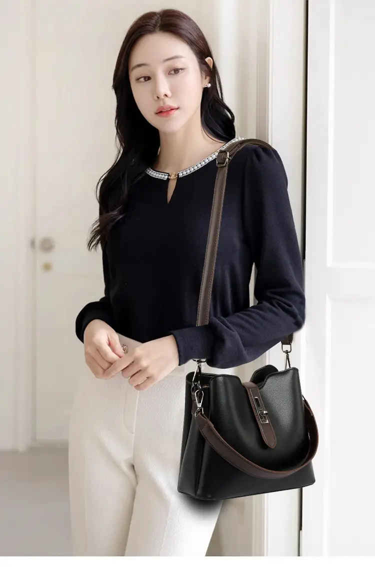 Women's Black Leather Bucket Bag with Satchel Strap — feature 14