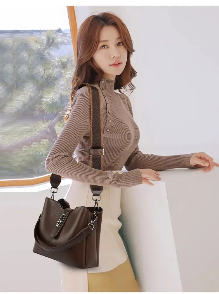 Women's Black Leather Bucket Bag with Satchel Strap — feature 17