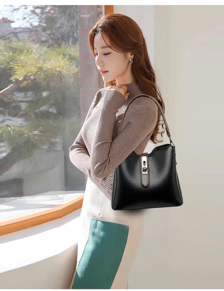 Women's Black Leather Bucket Bag with Satchel Strap — feature 18
