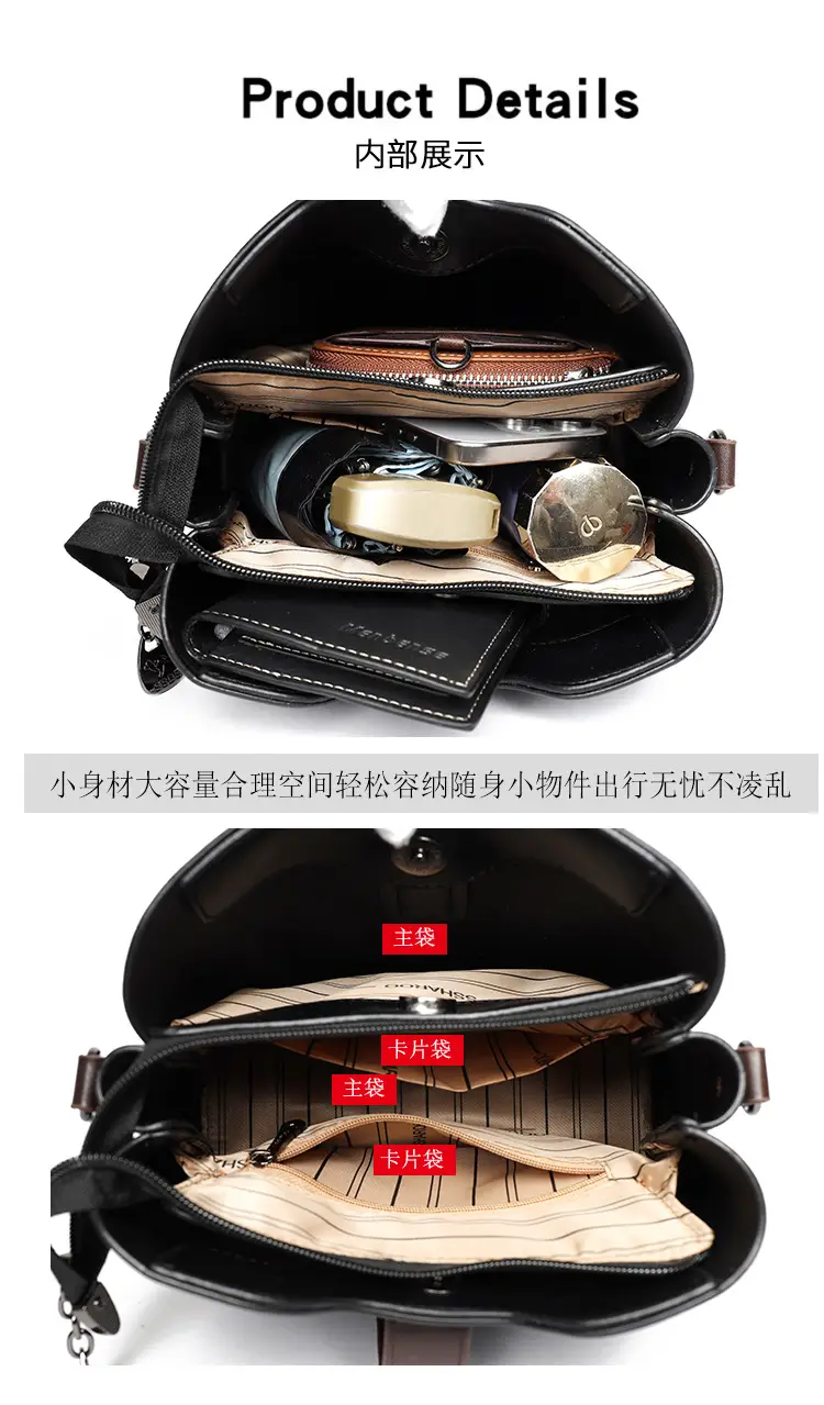 Women's Black Leather Bucket Bag with Satchel Strap — feature 27
