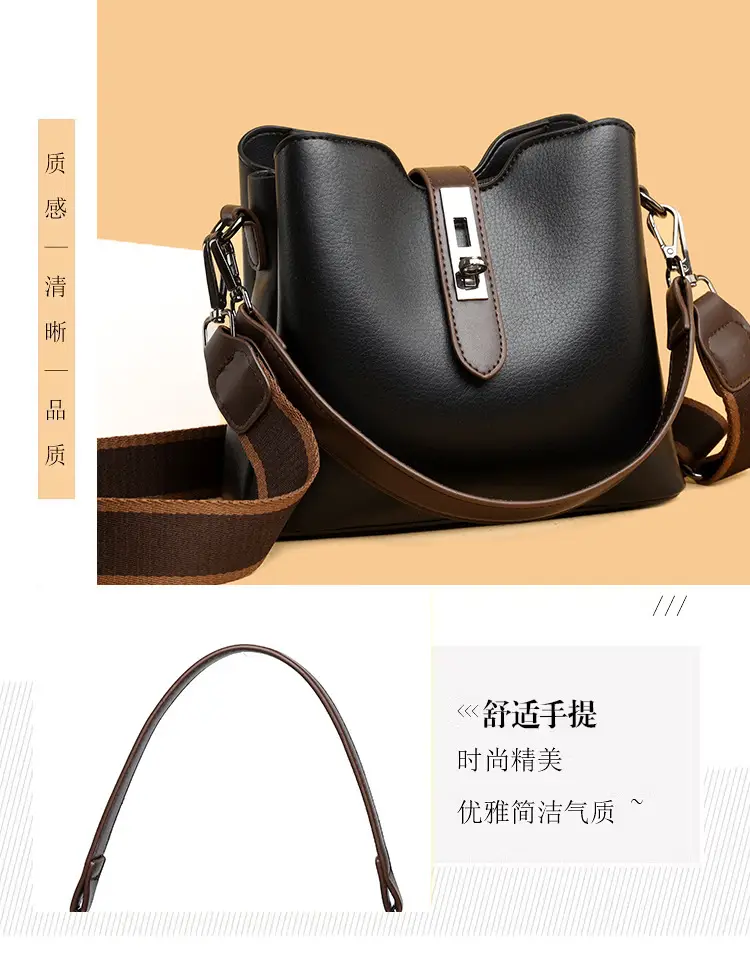 Women's Black Leather Bucket Bag with Satchel Strap — feature 8