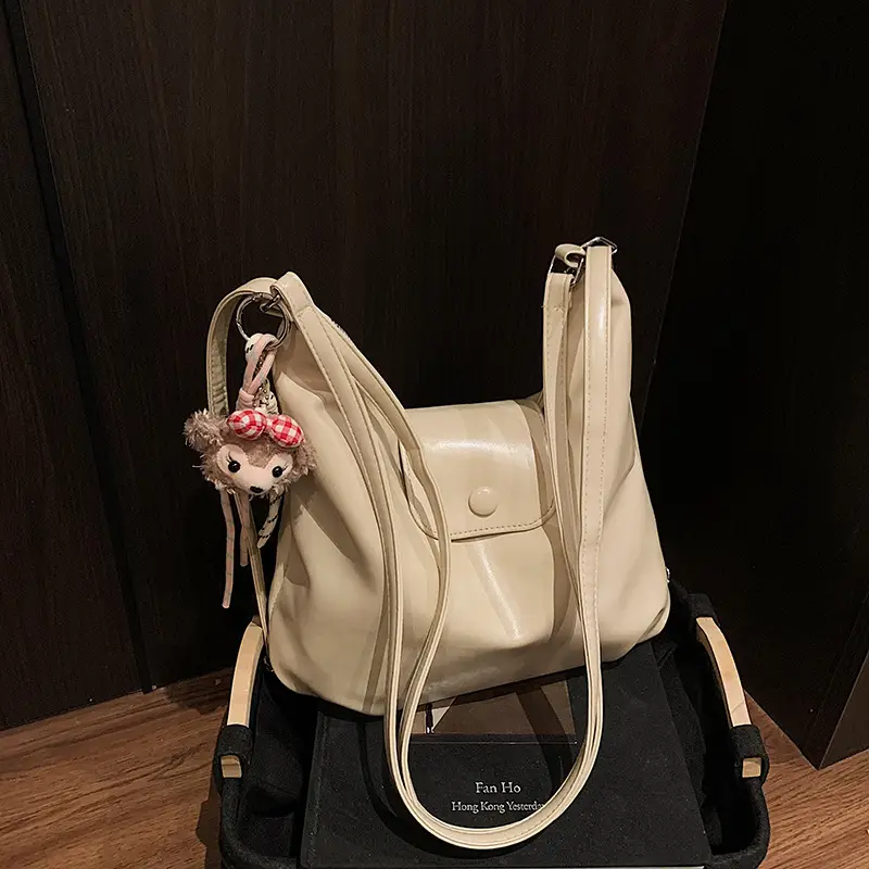 Women's Beige Leather Shoulder Bag with Unicorn Tassel - Image 5