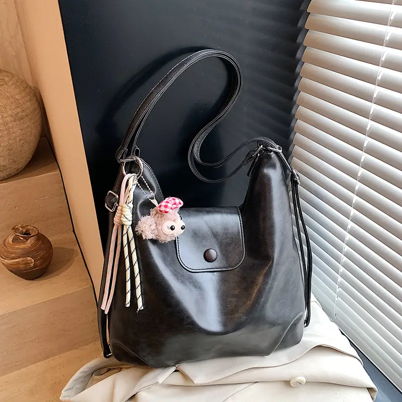 Women's Beige Leather Shoulder Bag with Unicorn Tassel - Image 6