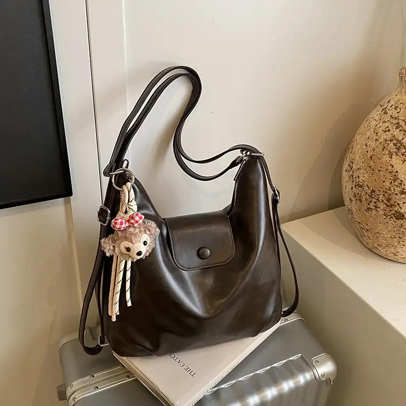 Women's Beige Leather Shoulder Bag with Unicorn Tassel - Image 7