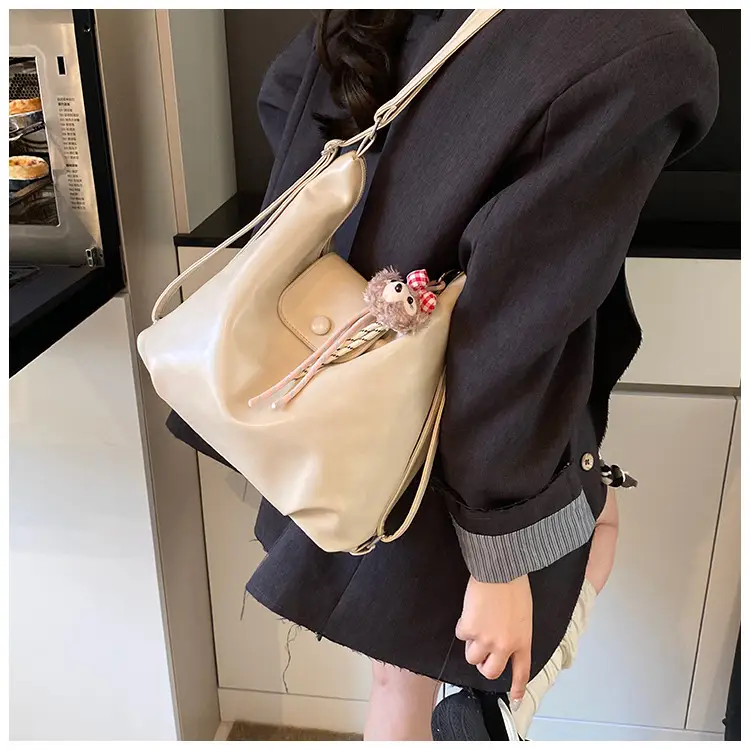 Women's Beige Leather Shoulder Bag with Unicorn Tassel — feature 16