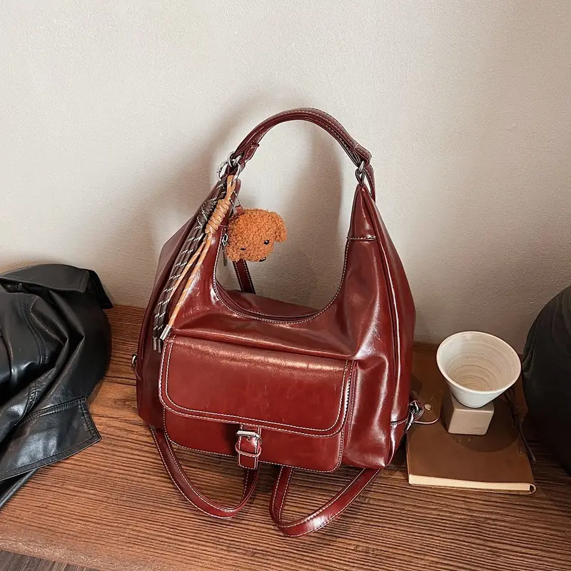 Red Waxed Leather Shoulder Bag for Women - Image 7