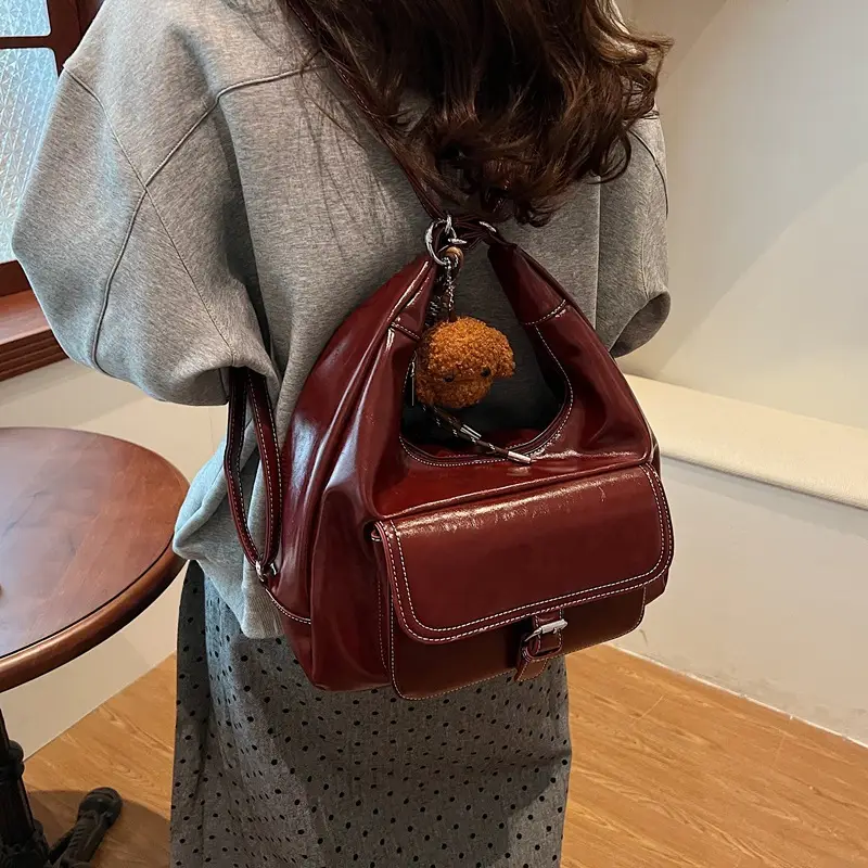 Red Waxed Leather Shoulder Bag for Women - Image 2