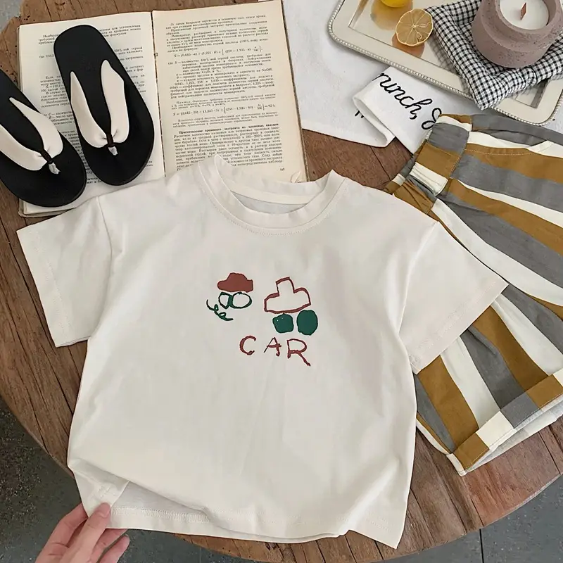 Children's Cotton T-Shirt White Cartoon Car Design Medium