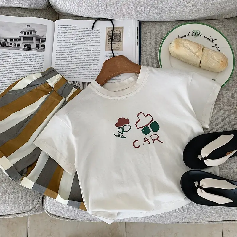 Children's Cotton T-Shirt White Cartoon Car Design Medium