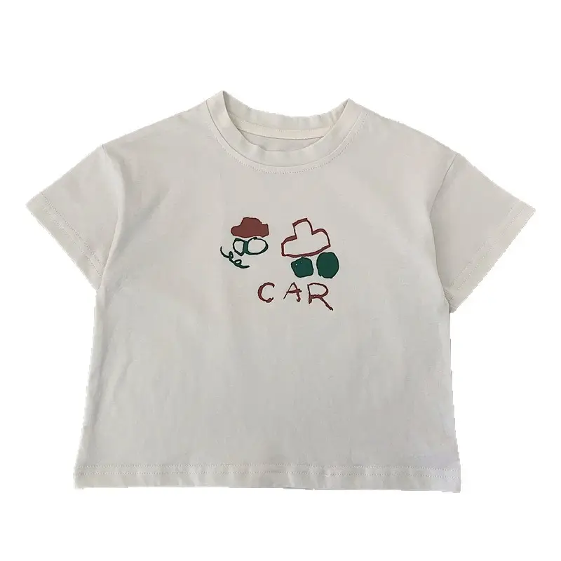 Children's Cotton T-Shirt White Cartoon Car Design Medium